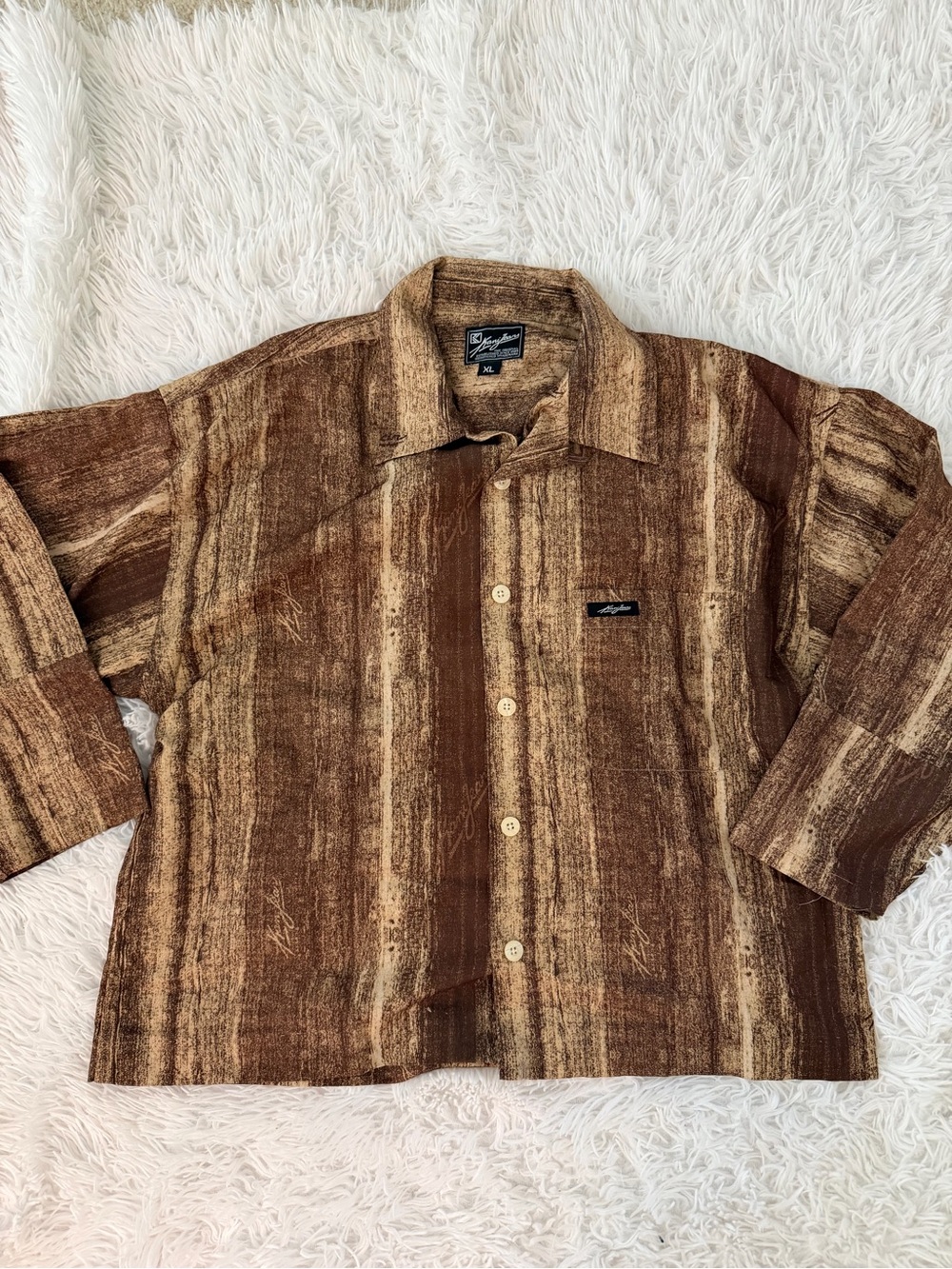 Vintage Karl Kani Button Up Shirt XL Brown Textured 90s Streetwear Hip Hop